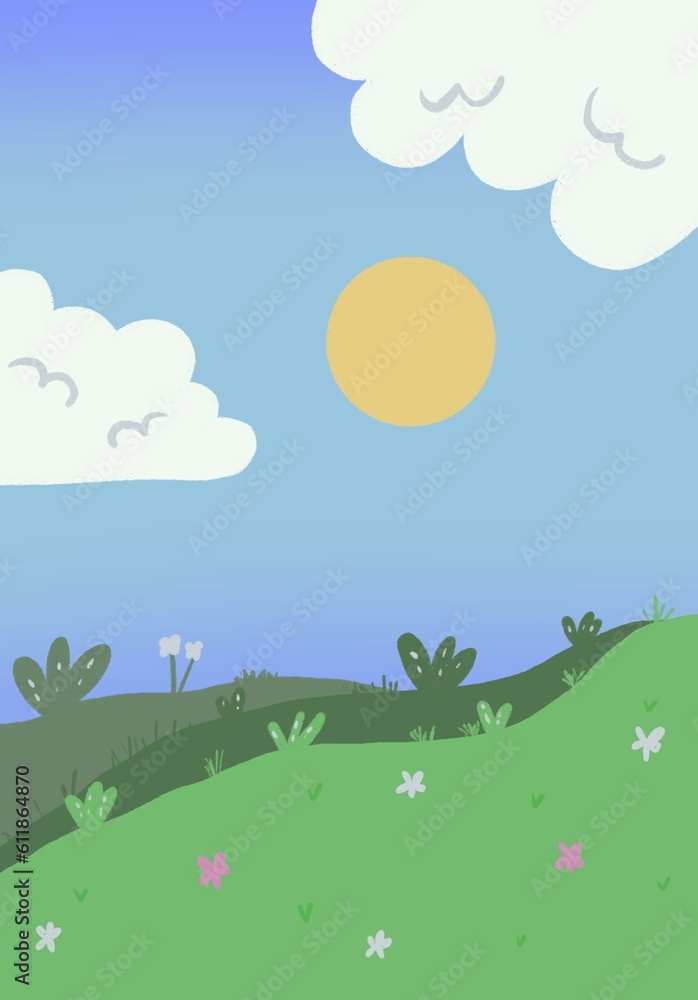 forest, trees, sun. Cute spring or summer horizontal nature background.