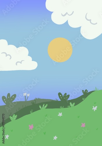 forest  trees  sun. Cute spring or summer horizontal nature background.