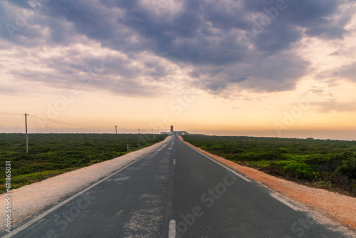 Lighthouse of Cabo de San Vicente in Portugal, seen from the road that leads to the same lighthouse.