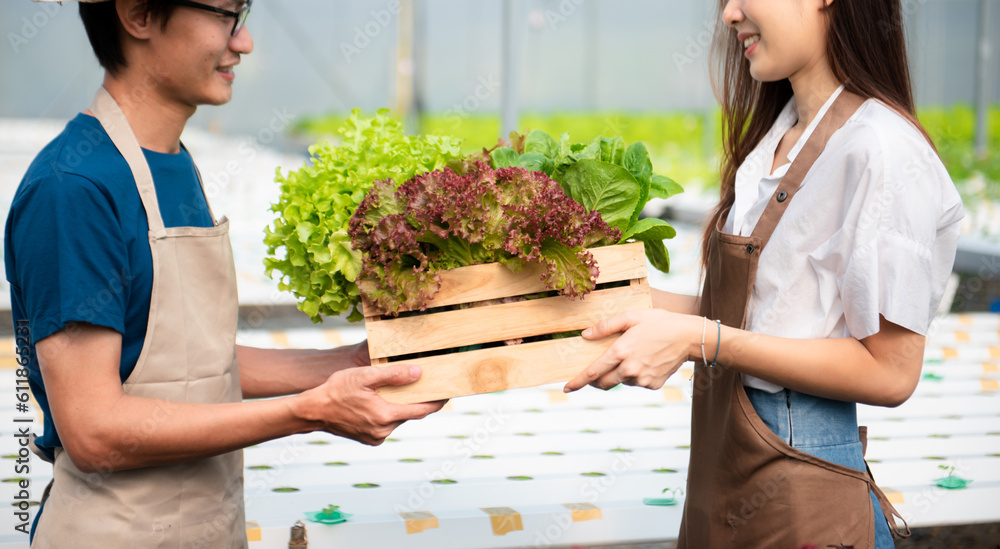 Asian couple of farmers inspects plants with a digital tablet In a greenhouse plantation. Smart farming . Asian couple of farmers inspects plants with a digital tablet In a greenhouse plantation. Smart farming .