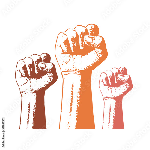 campaign banner with raised fists, gain equal rights, human unity of different races, Stop racism, Fist for protest banner