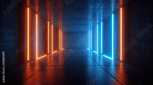 Cyber Retro Futuristic Neon Tunnel  Glowing Blue and Orange in Concrete Grunge. created with Generative AI