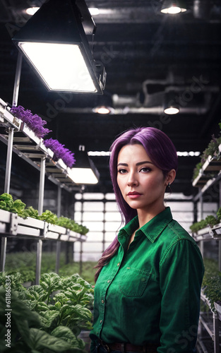 beautiful woman at LED vertical farming plant, generative AI
