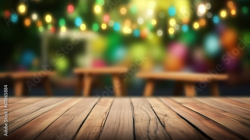 Celebration Blurred Birthday Party Background on Empty Wooden Tabletop. created with Generative AI