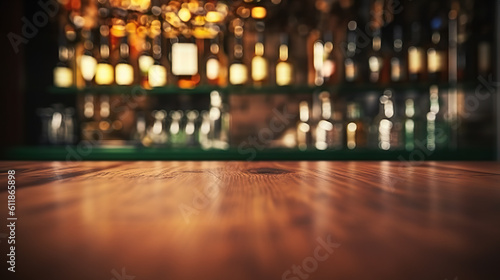 Blurred Bar Counter and Bottles Background on Empty Wooden Tabletop. created with Generative AI