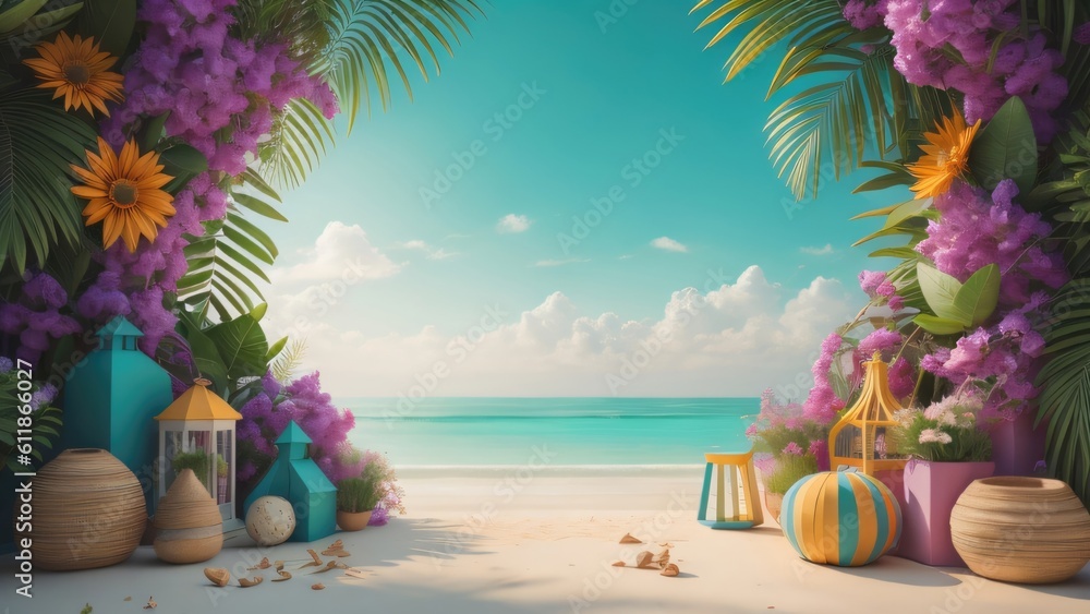 summer beautiful beach decoration background template illustration. banner, wallpaper, copy space. generative ai