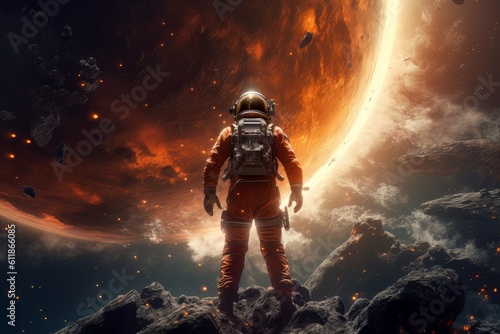 Man astronaut in a spacesuit on the surface of the planet in outer space. Ai Generative AI