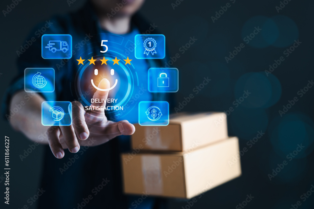 Customer Satisfaction Rating, Man Evaluating Online Shopping and Delivery Experience Customer Satisfaction Rating, Man Evaluating Online Shopping and Delivery Experience