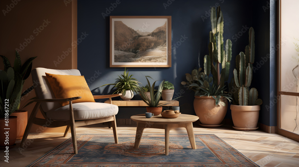 a living room with a cushioned chair and some plants, in the style of mediterranean landscapes - generative ai