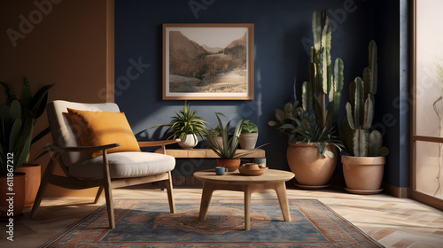 a living room with a cushioned chair and some plants  in the style of mediterranean landscapes - generative ai