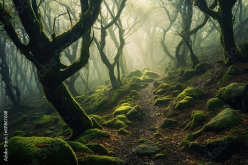 Lush and Mossy Green Foggy Forest