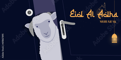 Eid Al Adha Mubarak celebration banner with a goat on a blue night color background. Vector poster design.