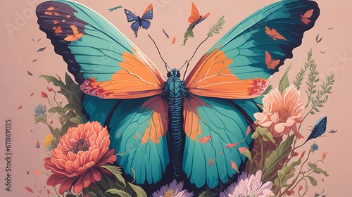 butterfly on a flower image with vintage style illustration  generative Ai art