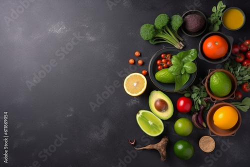 The concept of healthy food set up on dark stone background
