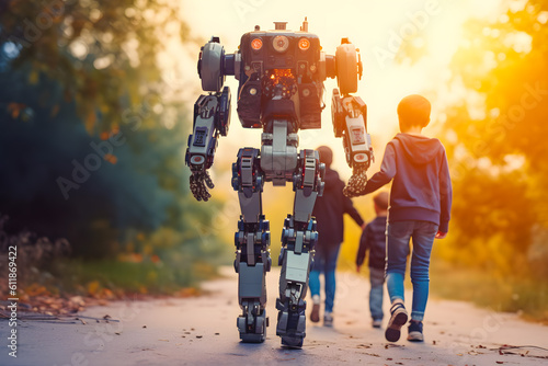 Humanoid robot on a walk with children, family friend nanny babysitter care upbringing. Technology for the benefit of mankind. Generative AI
