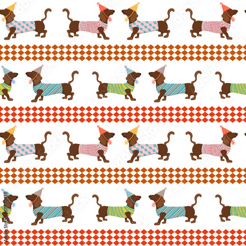 Cute sweater-dressed dachshunds. Seamless horizontal pattern.