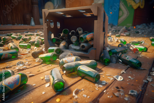 Old bottles in wooden boxes in a dusty warehouse. Broken bottles and crates. Generative AI.