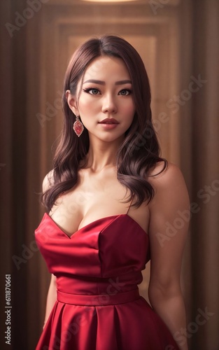 portrait photo of beautiful asian woman in dress at luxury hall night , generative AI © Flash