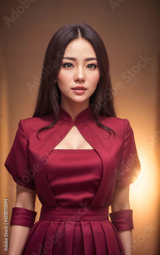 portrait photo of beautiful asian woman in dress at luxury hall night , generative AI