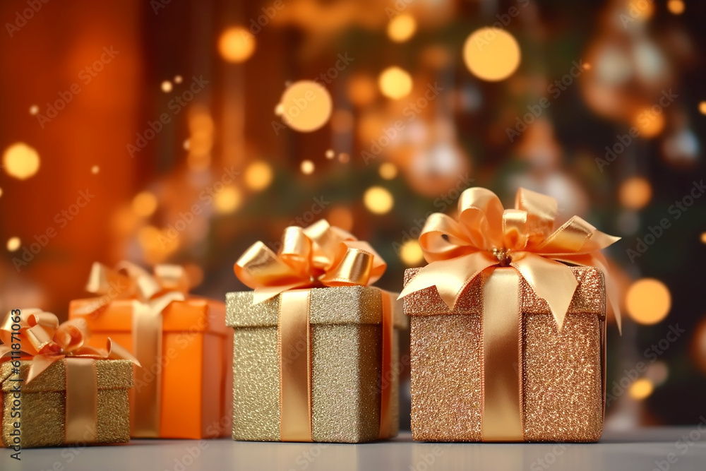 Golden gift boxes with golden bows on the background of bokeh effect. Generative AI Golden gift boxes with golden bows on the background of bokeh effect. Generative AI