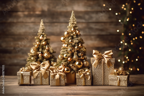Christmas trees and golden gift boxes with golden bows on brown wooden background. Generative AI
