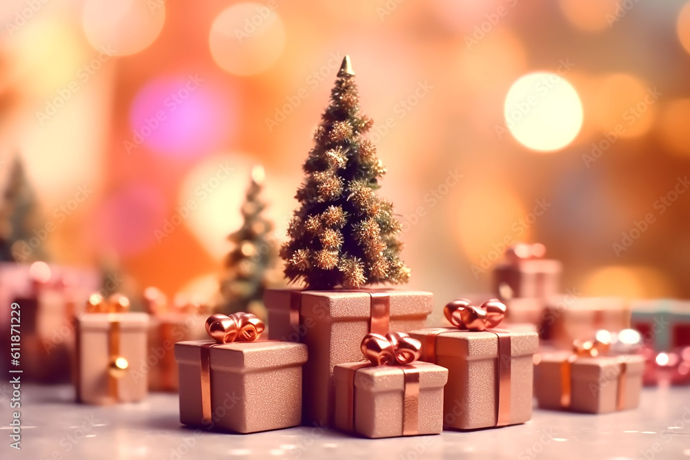 Christmas trees and pink gift boxes with pink bows on the background of bokeh effect. Generative AI