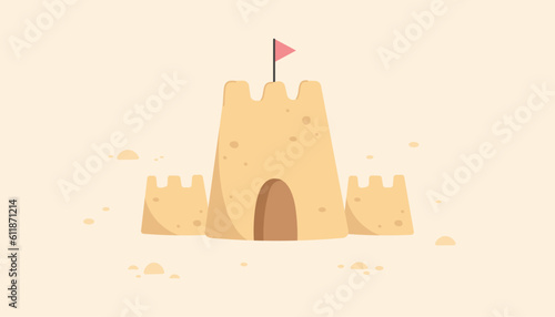 Sandcastle and little red flag in flat style