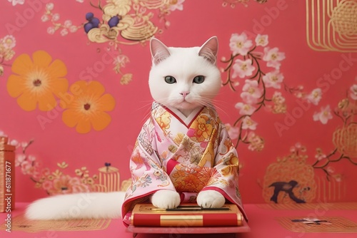 可愛い和柄の部屋に座っている着物を着た白猫：AI作品
