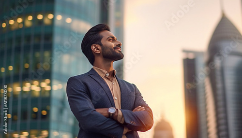 Close up profile portrait of a successful young bearded guy in a suit and glasses. So stylish and nerdy. Outdoors on a sunny street