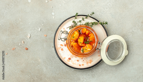 Crab group, Surimi sticks on a light background, Long banner format. top view