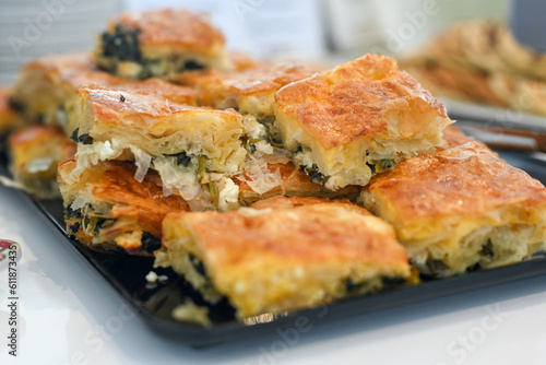 Bakery .Home made cheese pie with phyllo pastry, feta cheese,spinach and organic eggs. Bulgarian banitsa