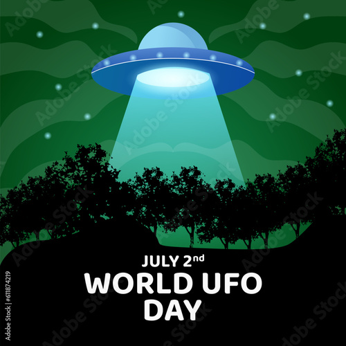 World ufo day 2 july, poster greeting card illustration design with UFO and tree hill silhouette in background galaxy night