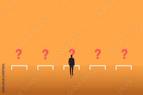 park chair in row with question mark. Hiring and recruitment poster or banner vector concept