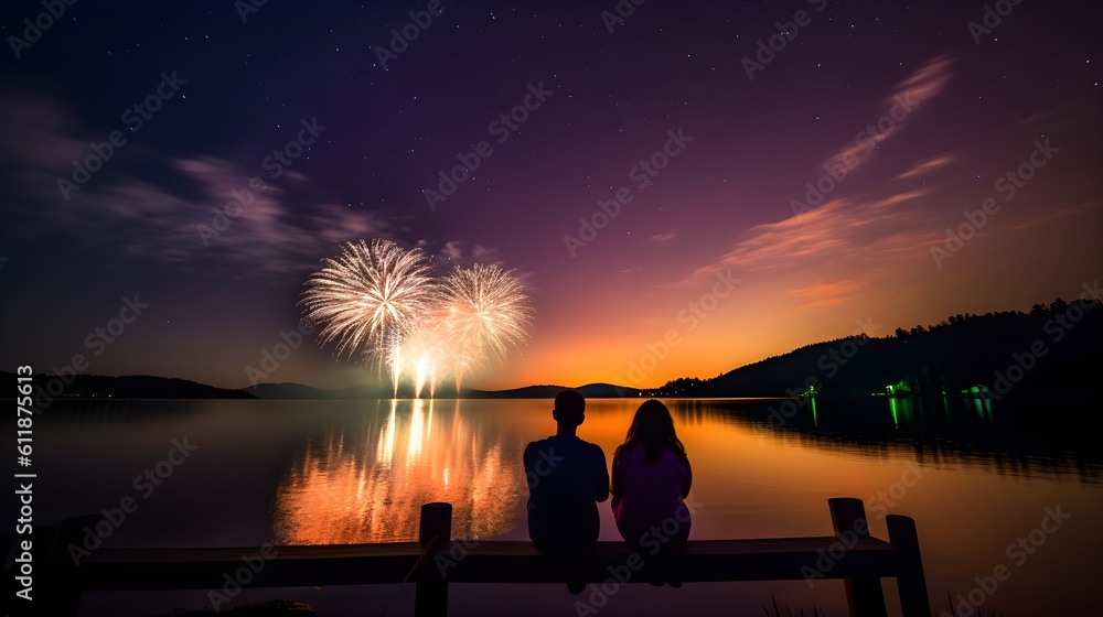 Silhouette of couple in front of fireworks, generative ai