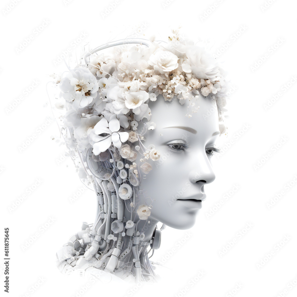 White Android Wearing Flowers. Created with Generative AI technology.