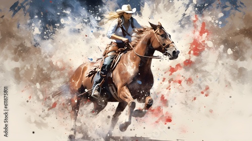 A cowgirl on a horse rides through a splash of patriotic paint, generative ai