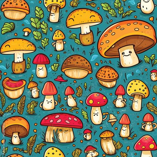 Cute Seamless Mushroom Pattern. Created with Generative AI technology.