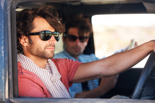 Road trip, driving and men for travel adventure, journey and holiday in summer, sunglasses and tourism. Driver, people or young friends for transport, car and conversation, talking and real vacation