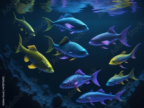 a colorful holographic fishes glowing in ocean, ai generated
