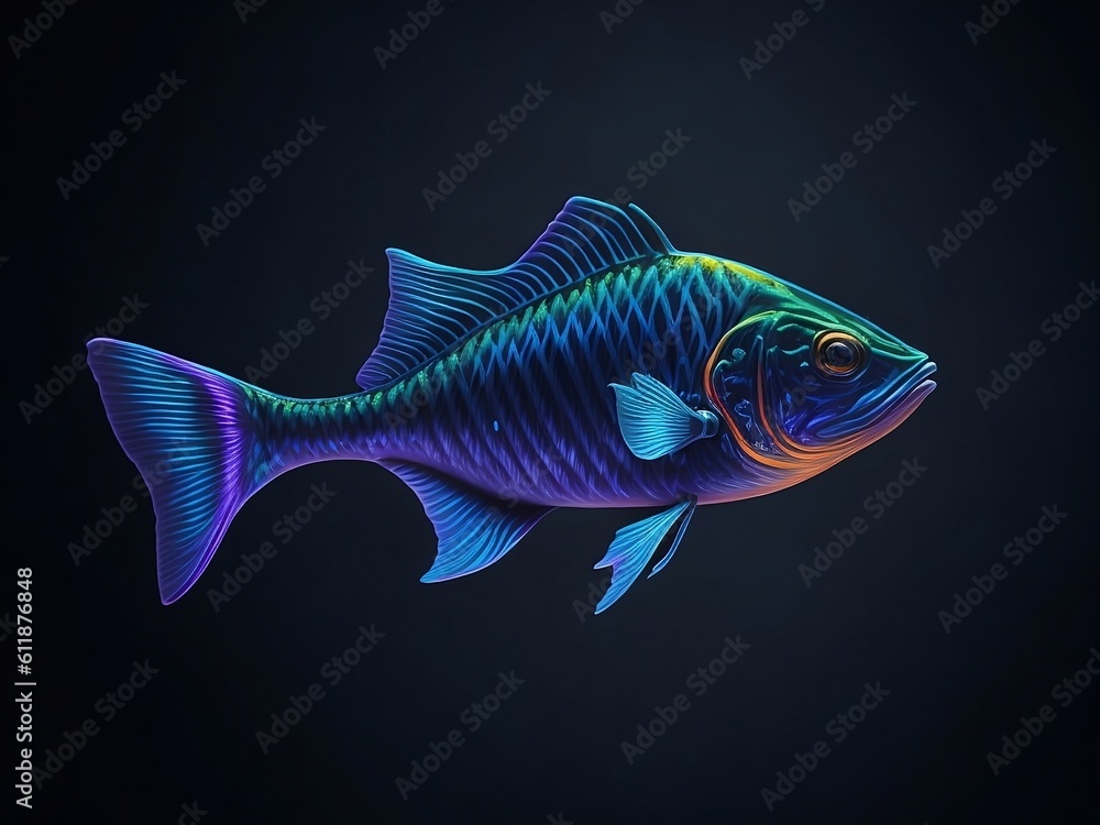 a colorful holographic fish glowing in ocean, ai generated