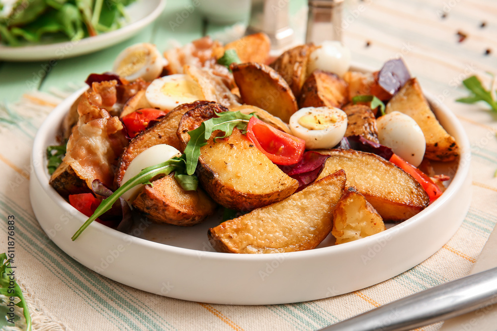 Plate of tasty potato salad with eggs, tomatoes and bacon on table, closeup Plate of tasty potato salad with eggs, tomatoes and bacon on table, closeup