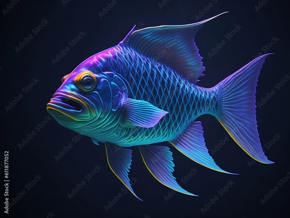 a colorful holographic fish glowing in ocean, ai generated