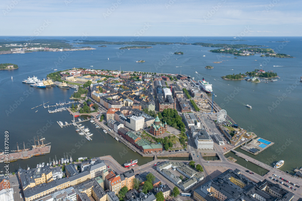 Katajanokka area in Helsinki, Finland. Beautiful Cityscape with Harbour and Sea in Background. Katajanokka is a district on the eastern shore of Helsinki.