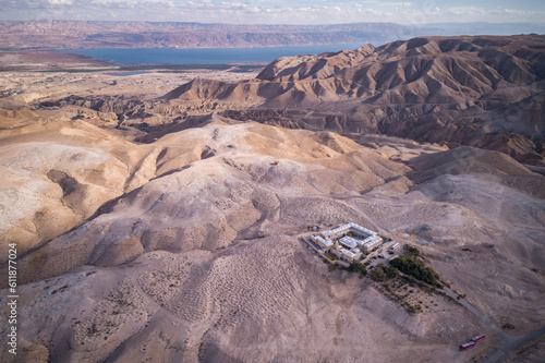 Israel. Nabi Musa site and mosque at Judean desert, Israel. Tomb of Prophet Moses. Drone Point of View.
