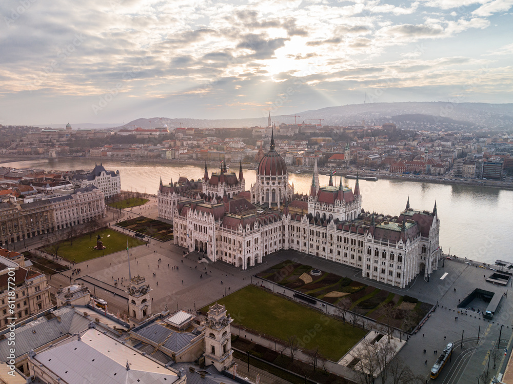 Mesmerising drone shot of Budapest's famous parliament building from the sky.