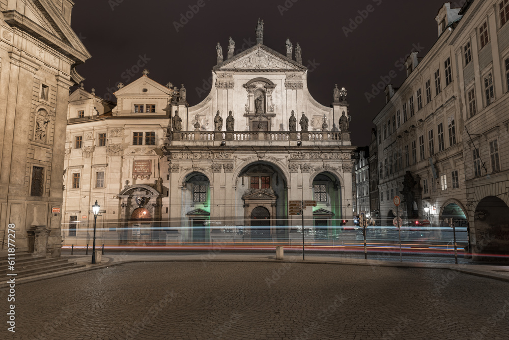 Church of the Holy Saviour and Tram in Action. Long Exposure, Prague, Czech. Night Photo Shoot. No People.
