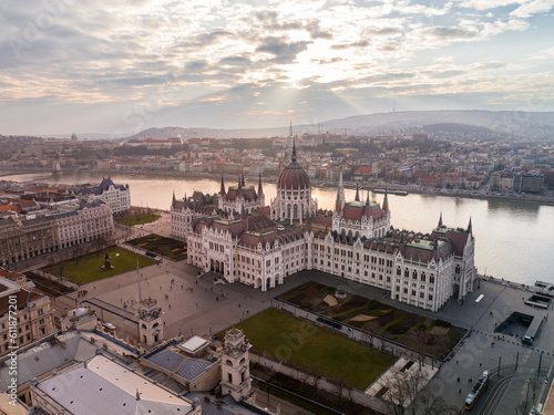 Mesmerising drone shot of Budapest's famous parliament building from the sky.