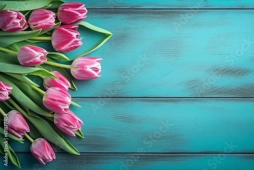 Tulip border with copy space  Beautiful frame composition of spring flowers  Bouquet of pink tulips flowers on turquoise blue vintage wooden background