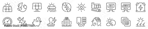 Line icons about solar energy and photovoltaic installations, thin line icon set. Symbol collection in transparent background. Editable vector stroke. 512x512 Pixel Perfect.