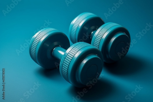 two blue dumbells Flat lay with copy space